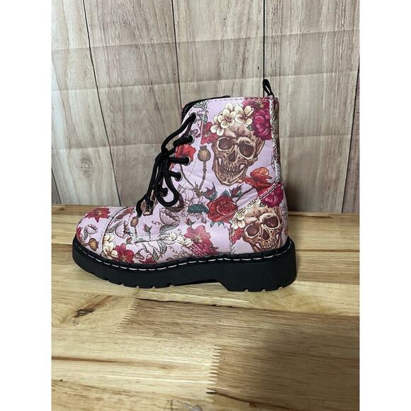 TUK Anarchic Pink Skull & Roses Combat Boots - Picture 4 of 10